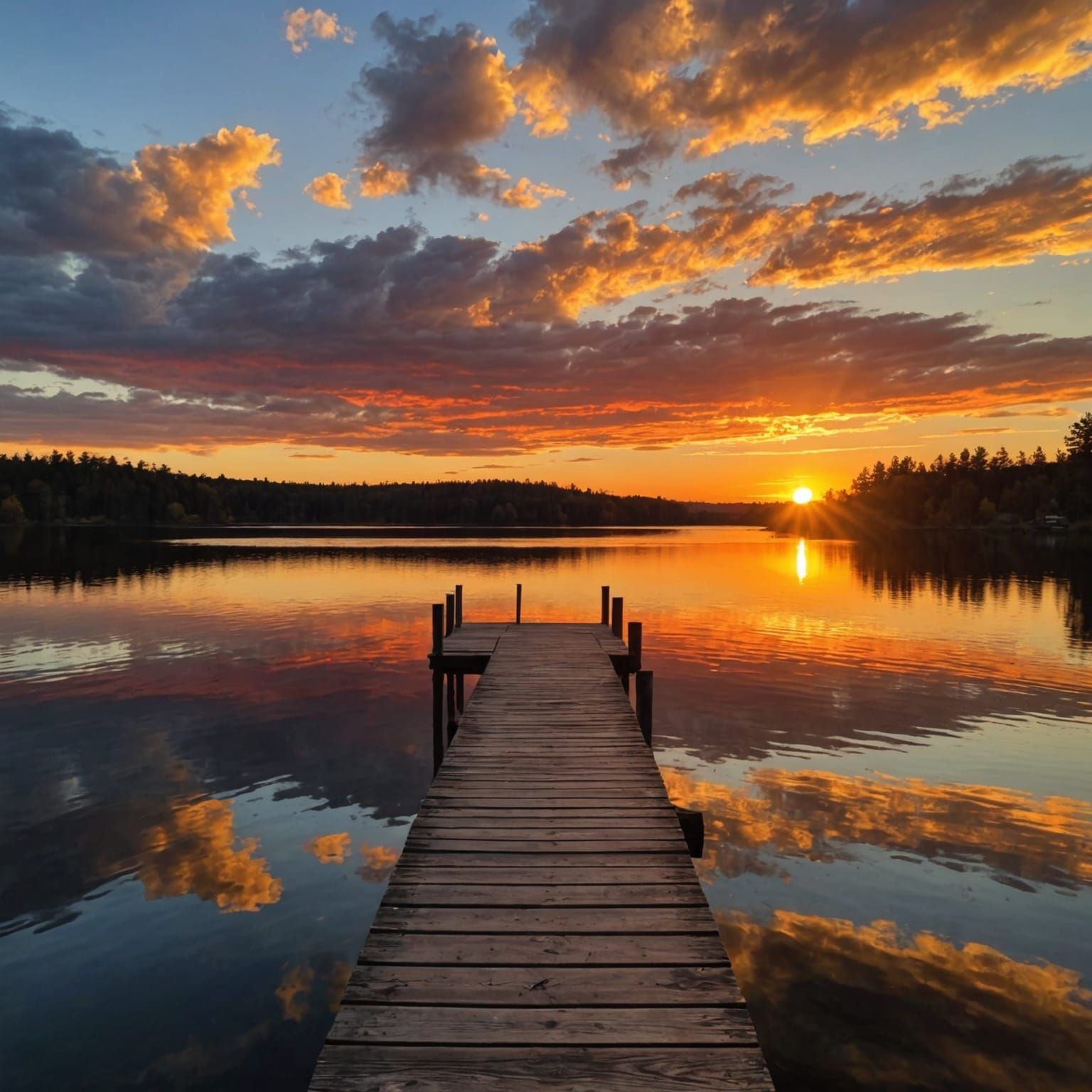 Lake Sunset Reflection on Wooden Dock
