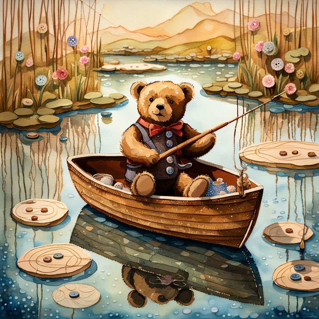 Teddy Bear Fishing: Mixed Media Collage Art