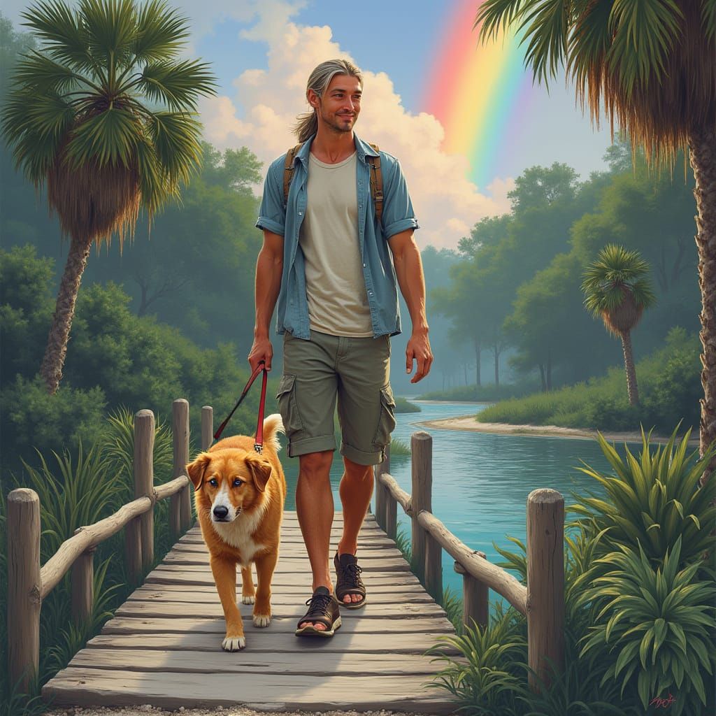 Man and Dog Stroll Across Bridge in Painterly Style
