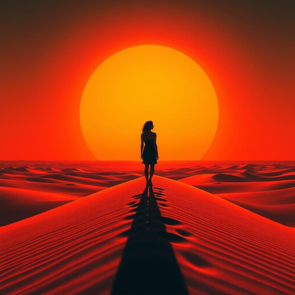 Surreal Woman in Dreamlike Dune Landscape as Surrealist Art