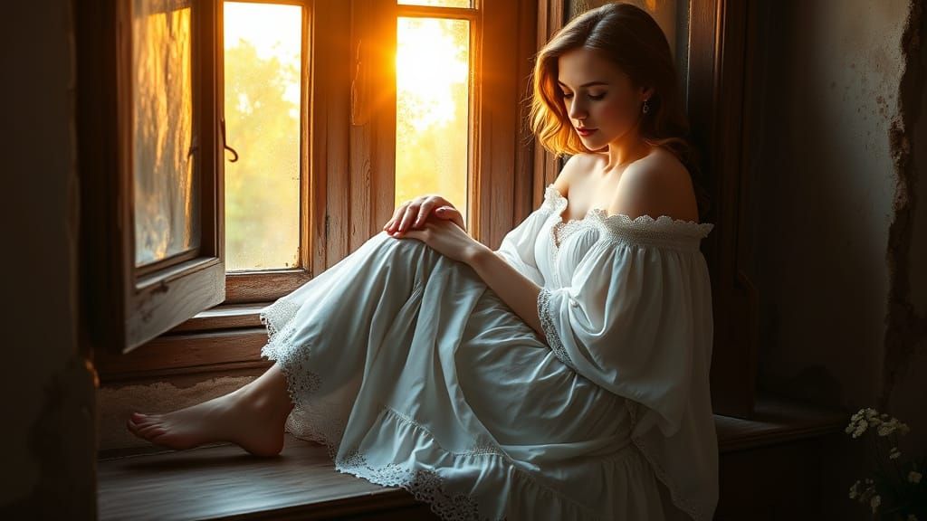 Woman in White Dress on Windowsill, Hyperrealistic Concept A...