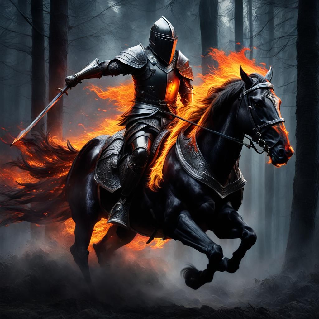 Flaming Horse and Black Knight in Dark Forest