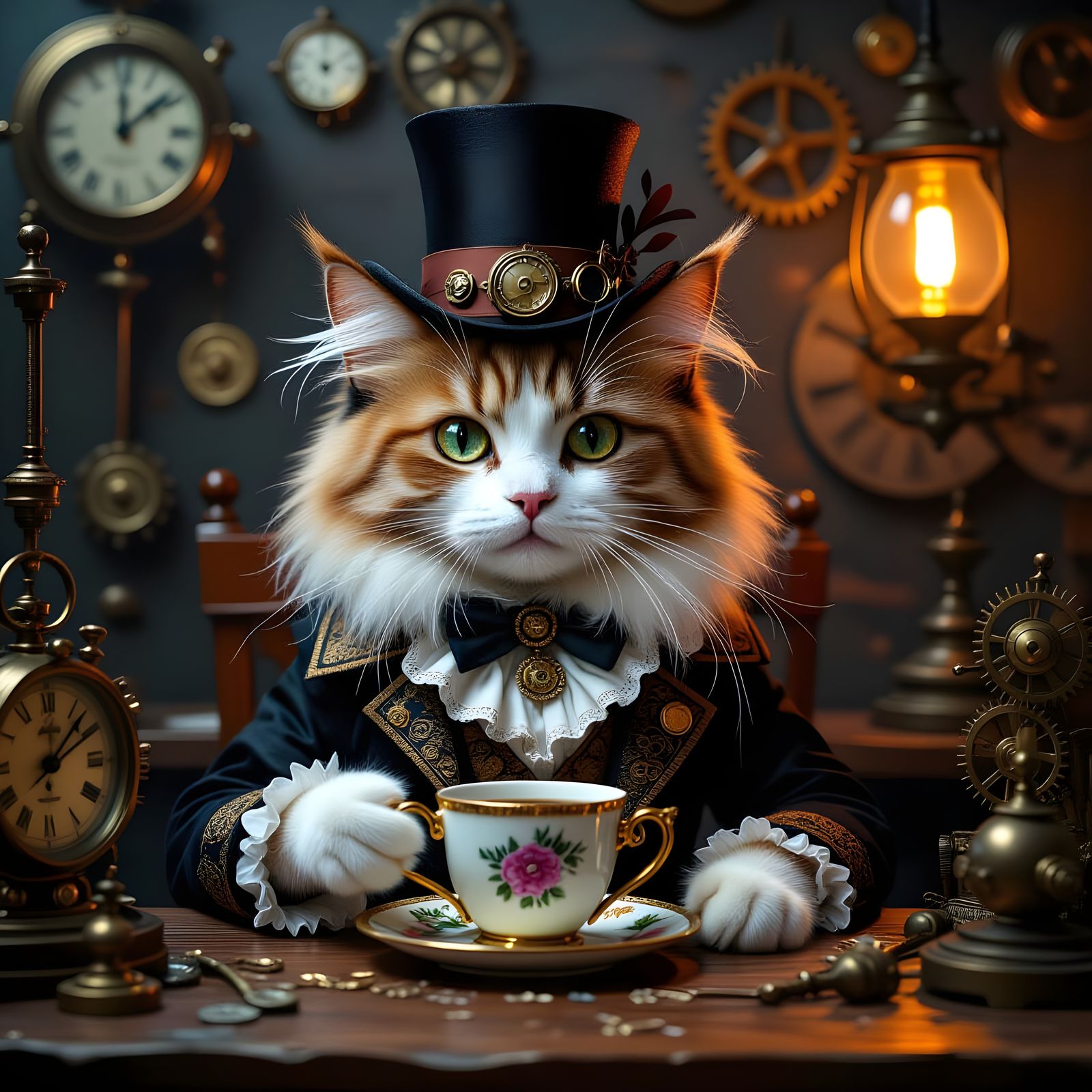 Steampunk Ragdoll Cat Sipping Tea in Victorian Workshop