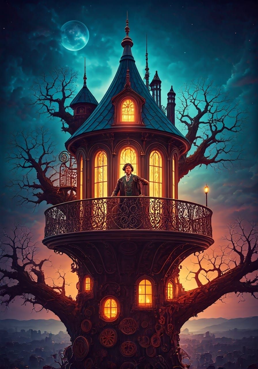 Steampunk Wizard on Treehouse Balcony in Vivid Colors