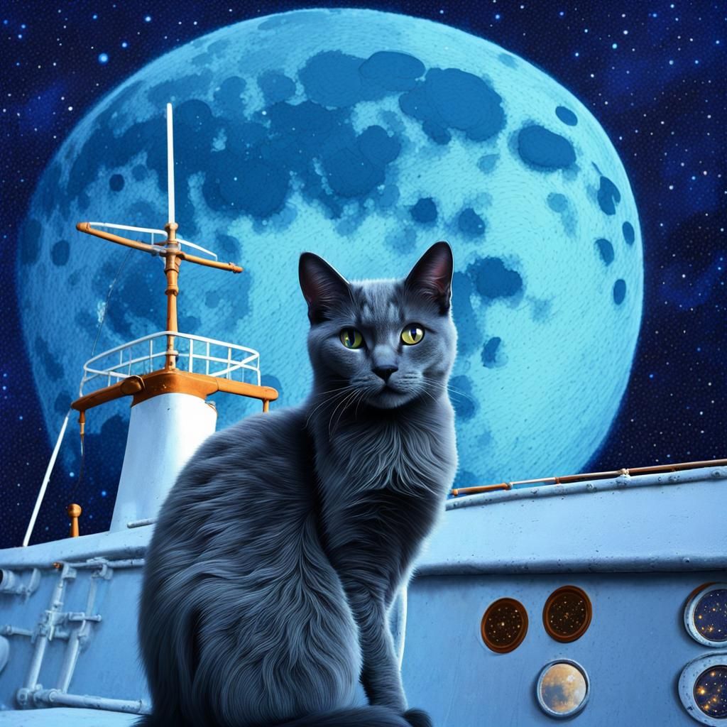 Cat on the moon dark sky stars blue sparky on ship Russian blue cat.
