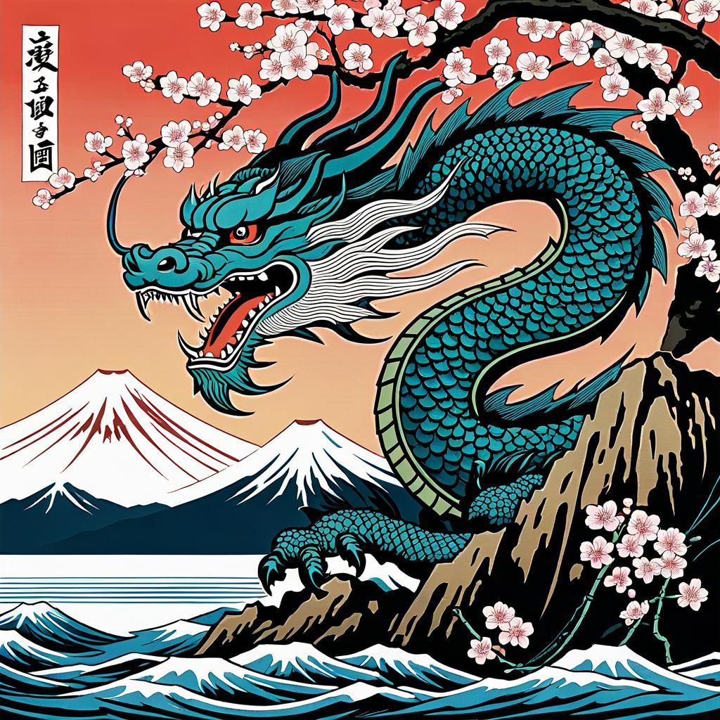 Japanese Dragon Amidst Sakura in Ukiyo-e Style