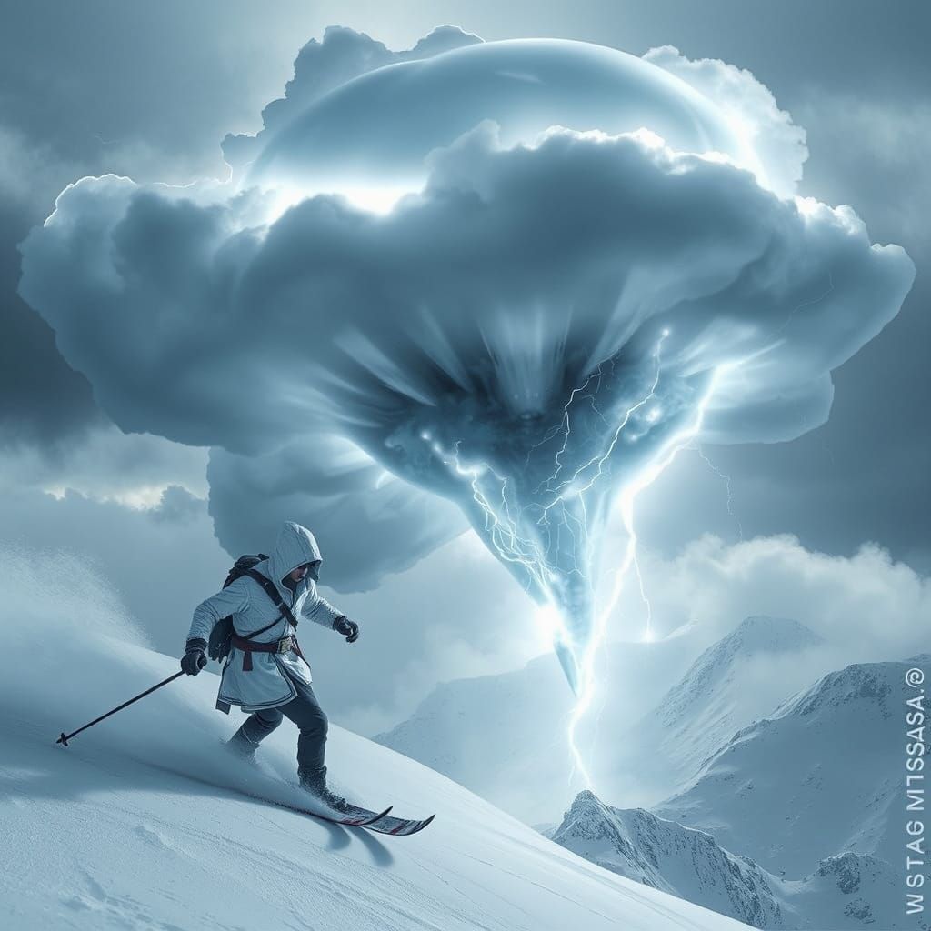 assassin creed skiing on large snow mountain in thunderstorm...