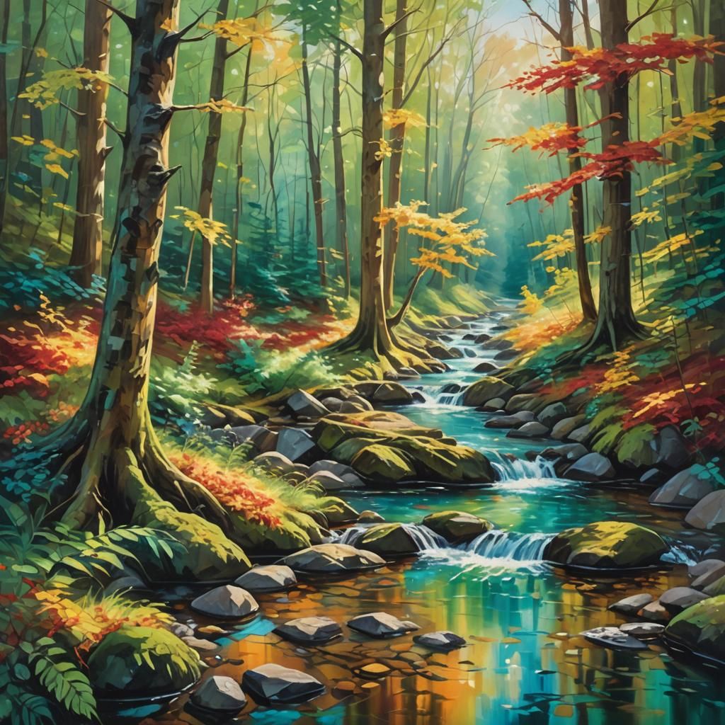 Crystal Stream in Vibrant Forest: Impressionist Oil Painting