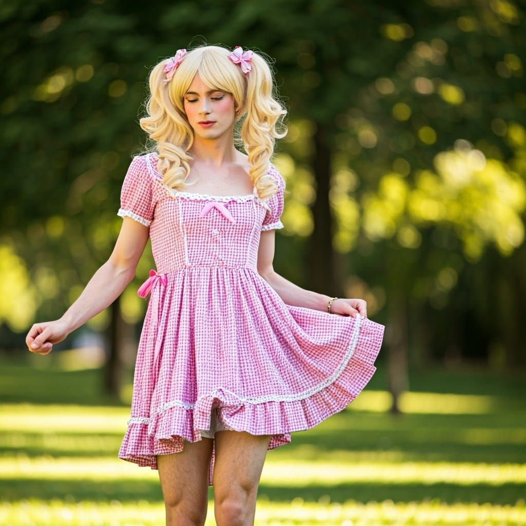 Crossdressing Teenager in Gingham Dress, Windy Park Scene