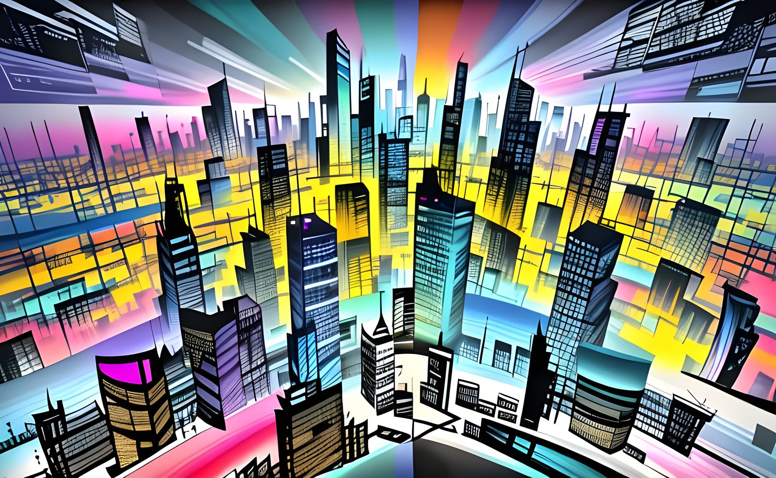 Futuristic City Skyline in Colorfield Abstract Expressionism