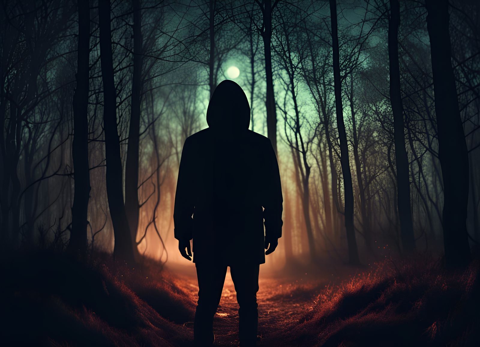 Eerie Silhouette in Dark Forest with Mystical Lights