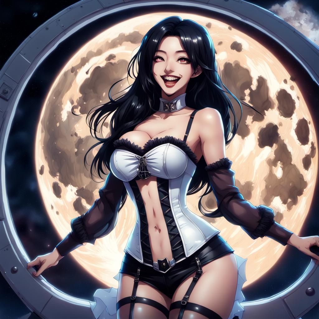 Anime Woman Laughing on Spaceship in Cel-Shaded Style