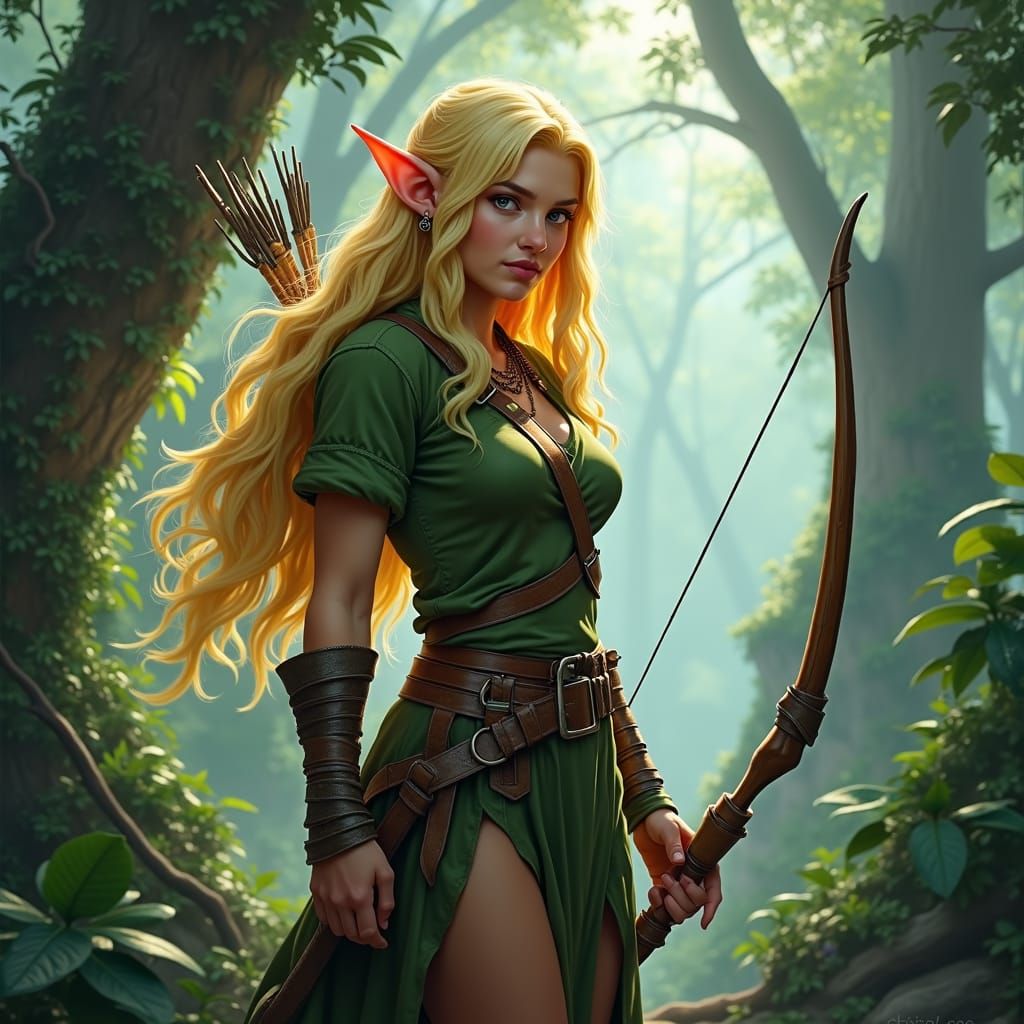 Blond Jungle Elf in Misty Forest, Matte Painting