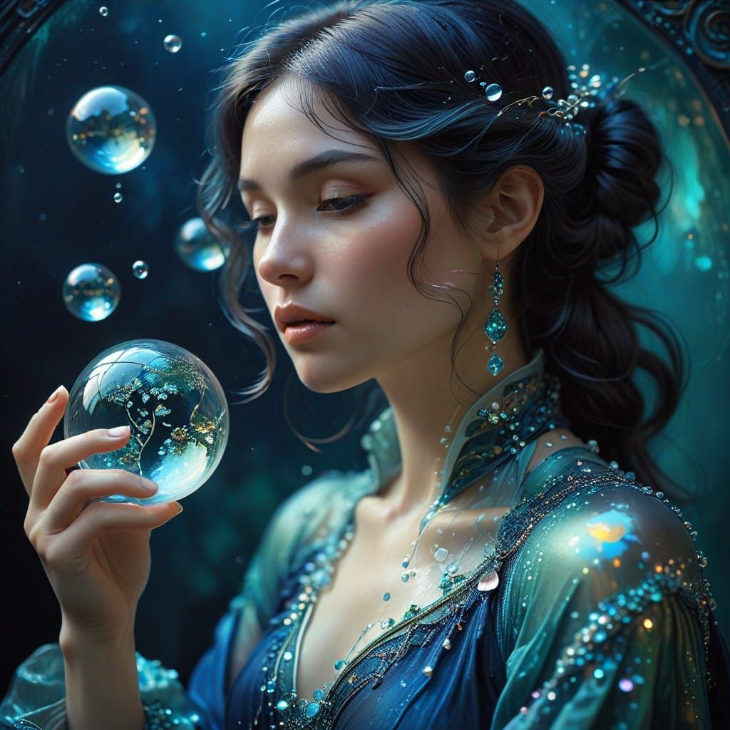 Woman Holding Landscapes in Glass Bubbles: Art Nouveau Style