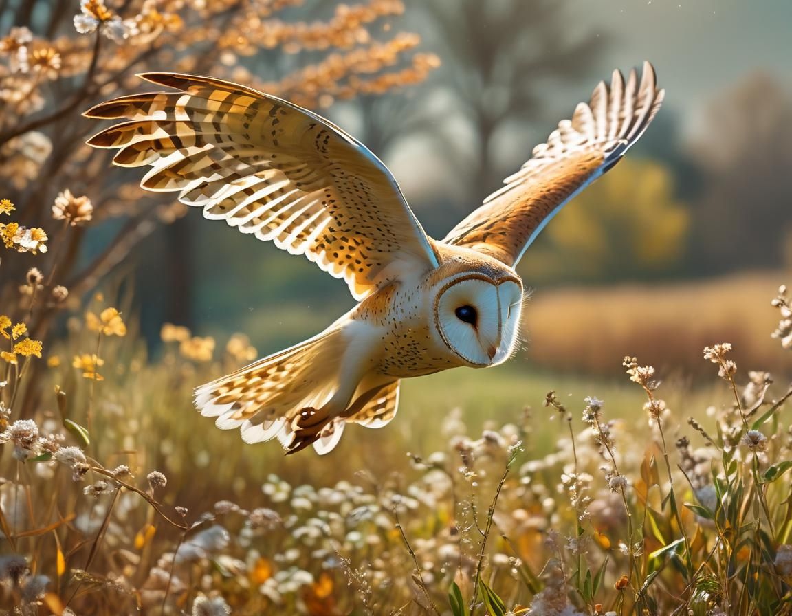 Barn Owl Takes Flight (Autumn Scene)