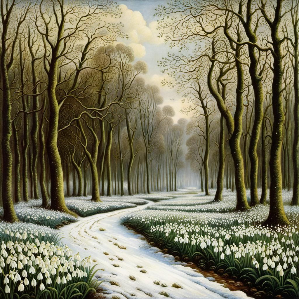 Snowdrops Emerging: Landscape Meets Surreal Illustration