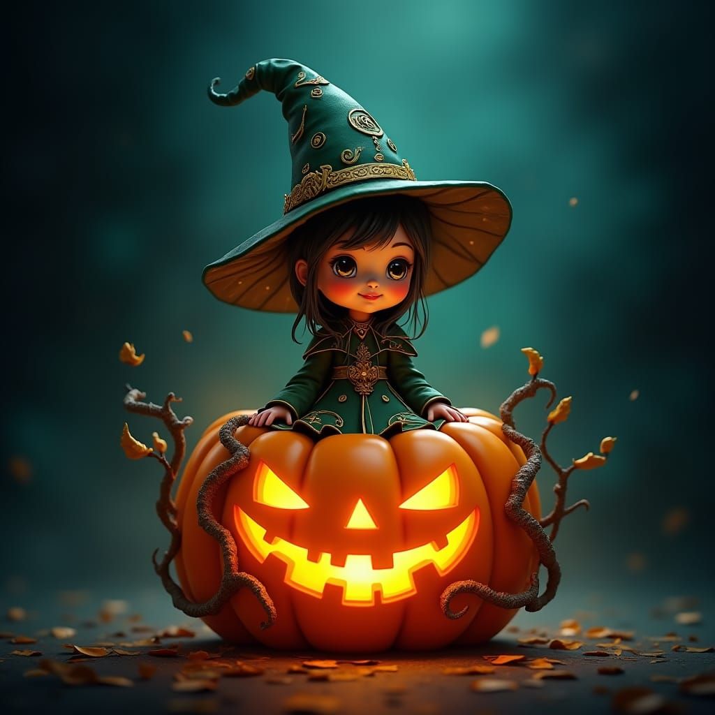 Cartoon Witch in Glowing Pumpkin Patch