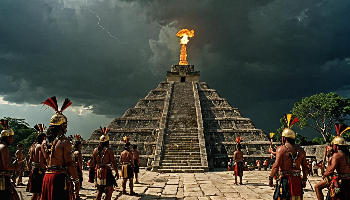 (Mayan King officiating a  sacrificial ceremony at the top of step pyramid) Medium view megapixels 8K resolution back li...