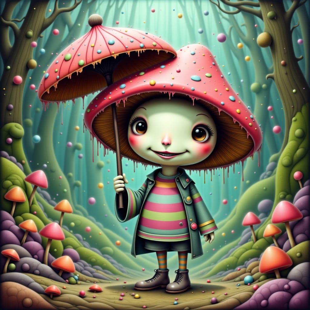 Mushroom Plush Toy in Whimsical Post-Apocalyptic Scene