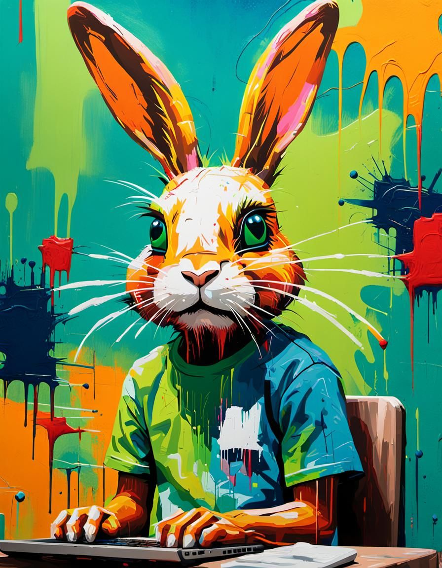 Confident AI Bunny in Abstract Street Art