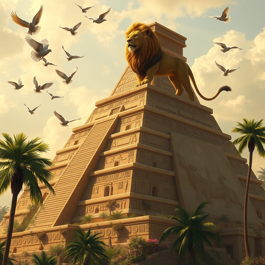 Regal Lion on Ancient Ziggurat in Golden Light