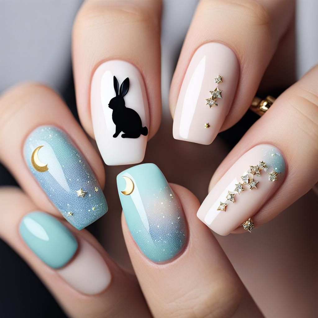 Feminine Moon Rabbit Nail Art Design