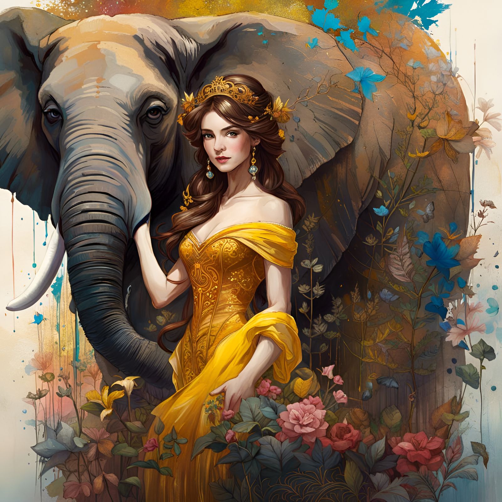 Princess Belle and Elephant in Fantasy Art Style