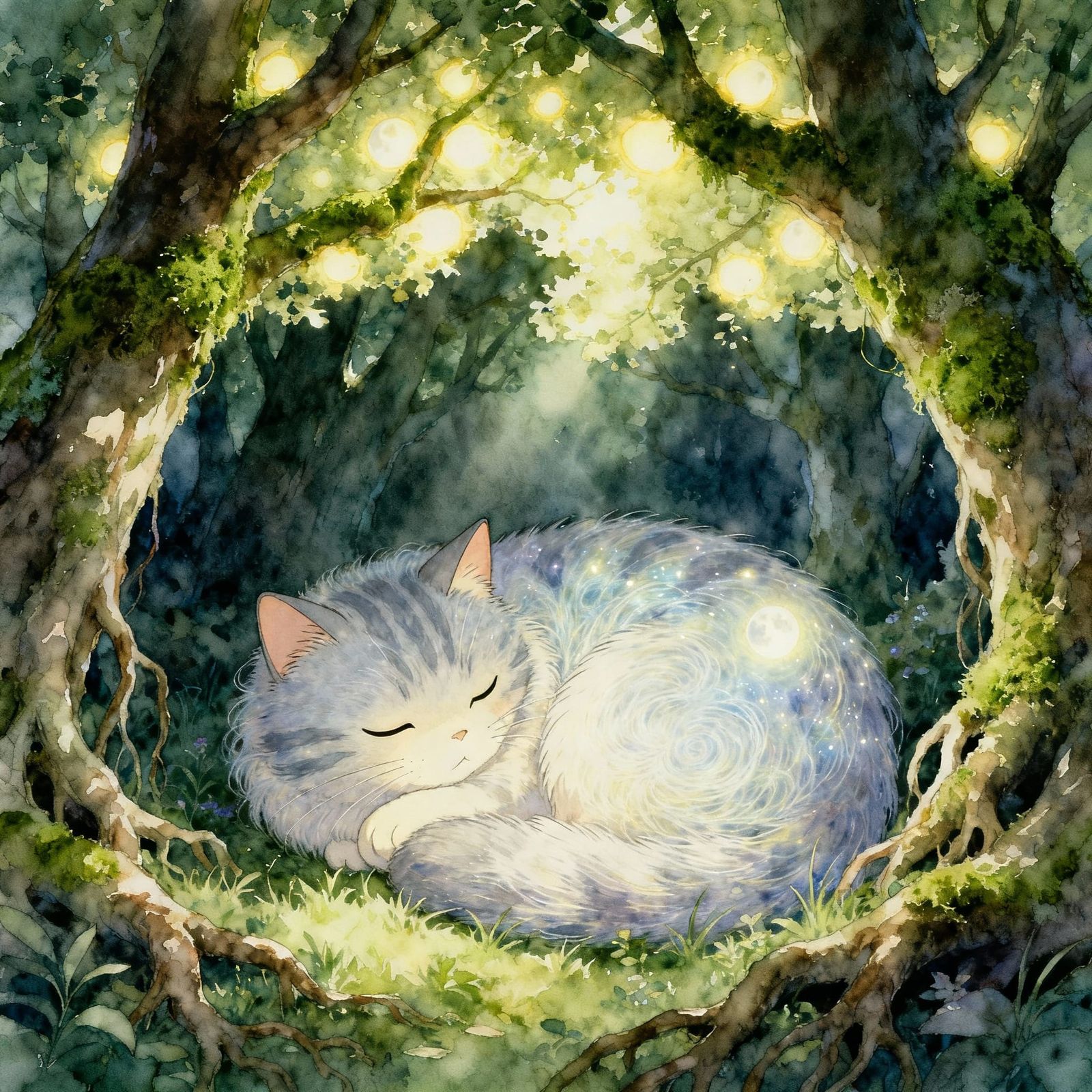 Moonlight Cat in Sunlit Glade: Watercolor Art