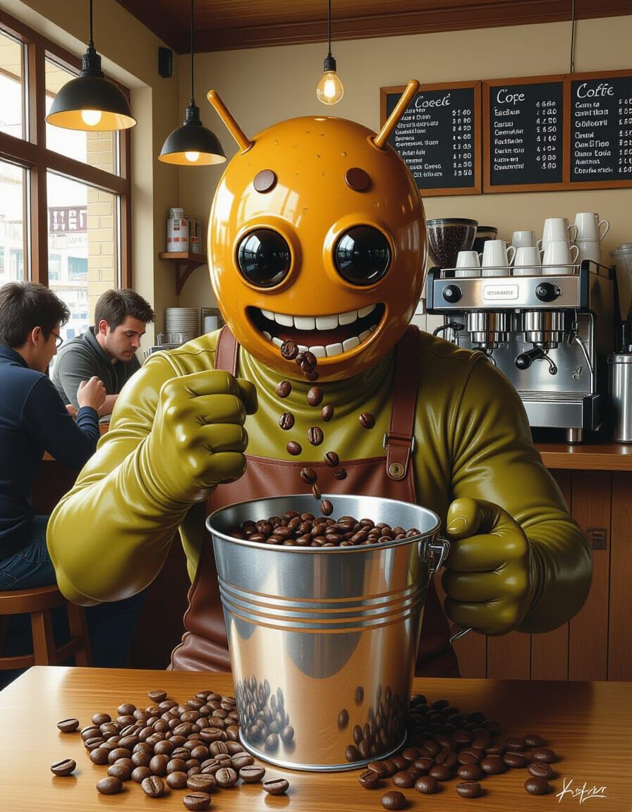 Android Crushing Coffee Beans in Busy Cafe