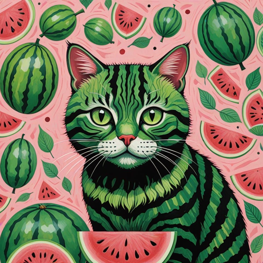 Whimsical Watermelon Cat in Surrealist Style