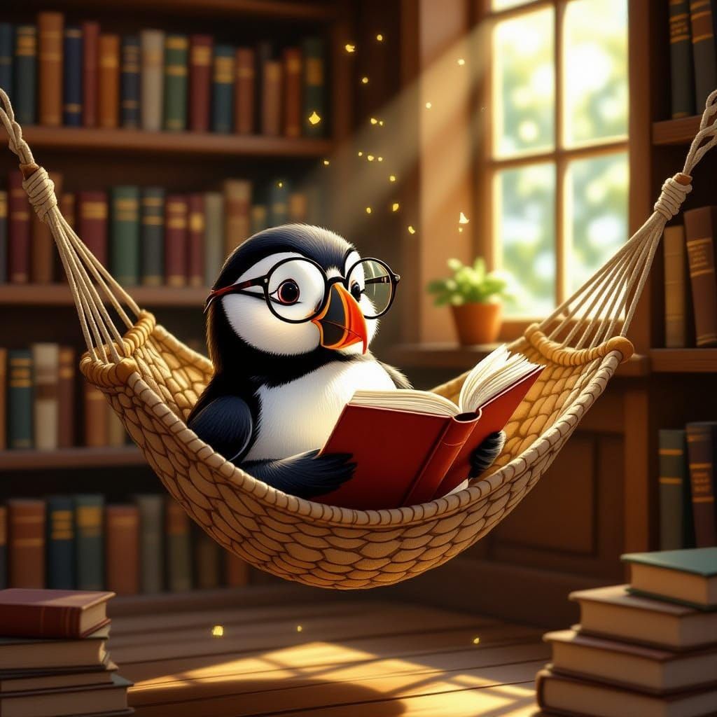 Puffin Reading in Hammock, Cozy Library Illustration