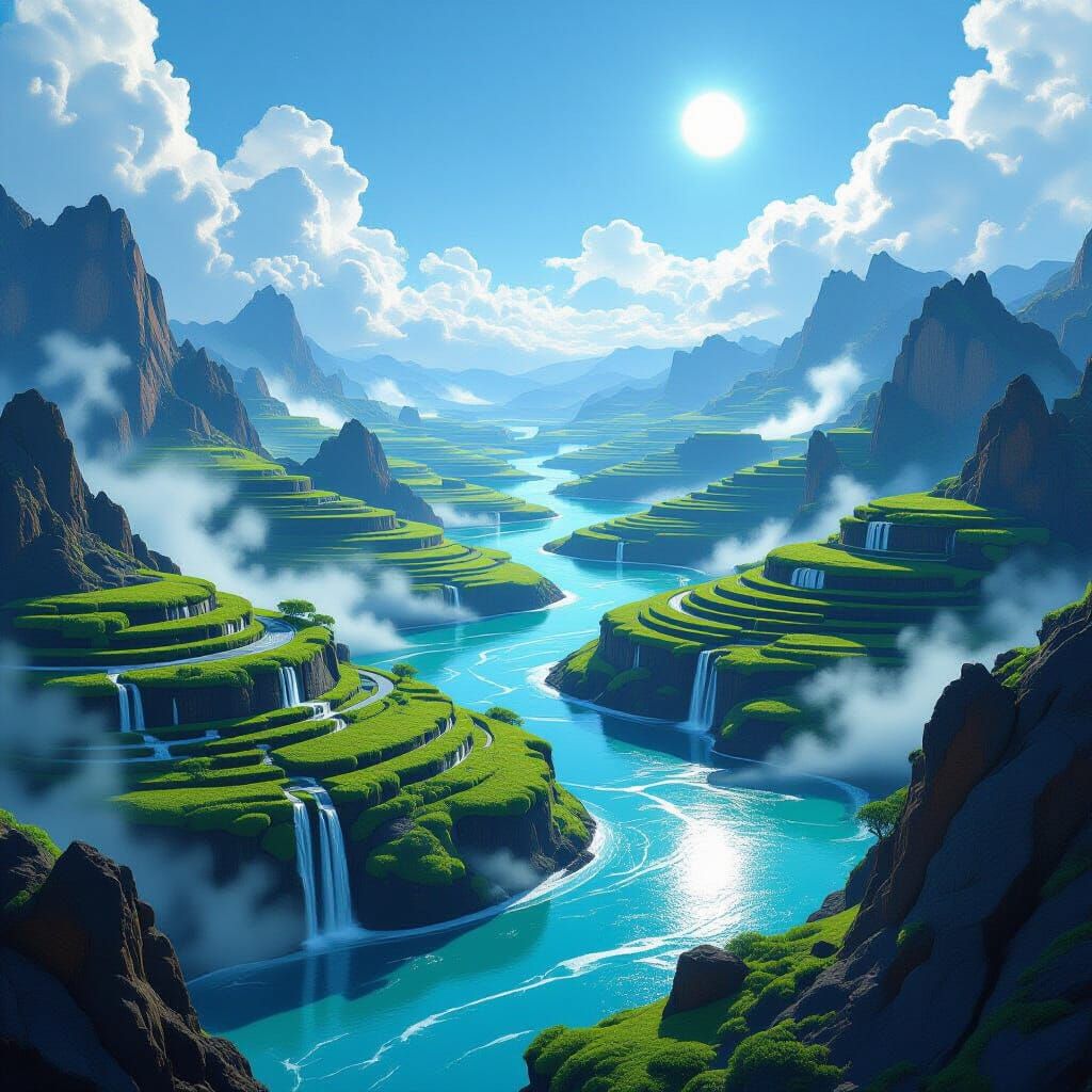 Terraformed Planet with Lush Terraces and Twin Suns