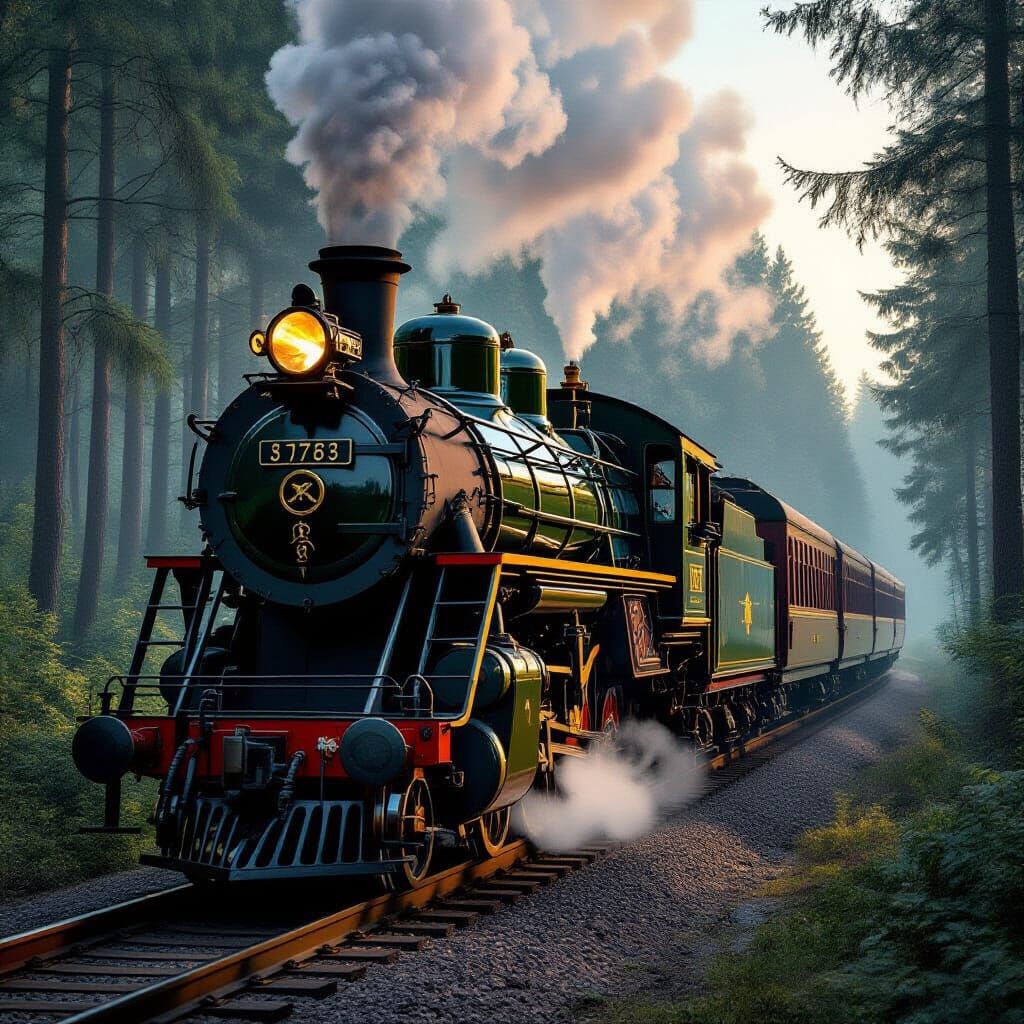 Antique Steam Train in Misty Forest, Art Nouveau Style