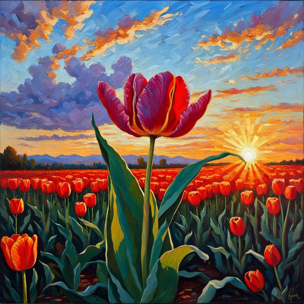 Fabulous Flower in Sunset, Oil Painting
