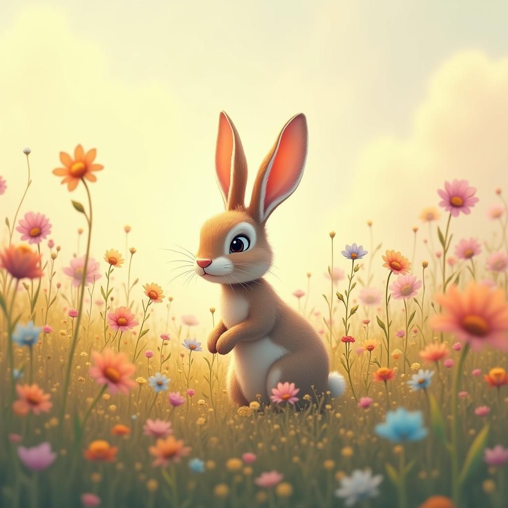 Pastel Bunny in Floral Field, Pixar Style