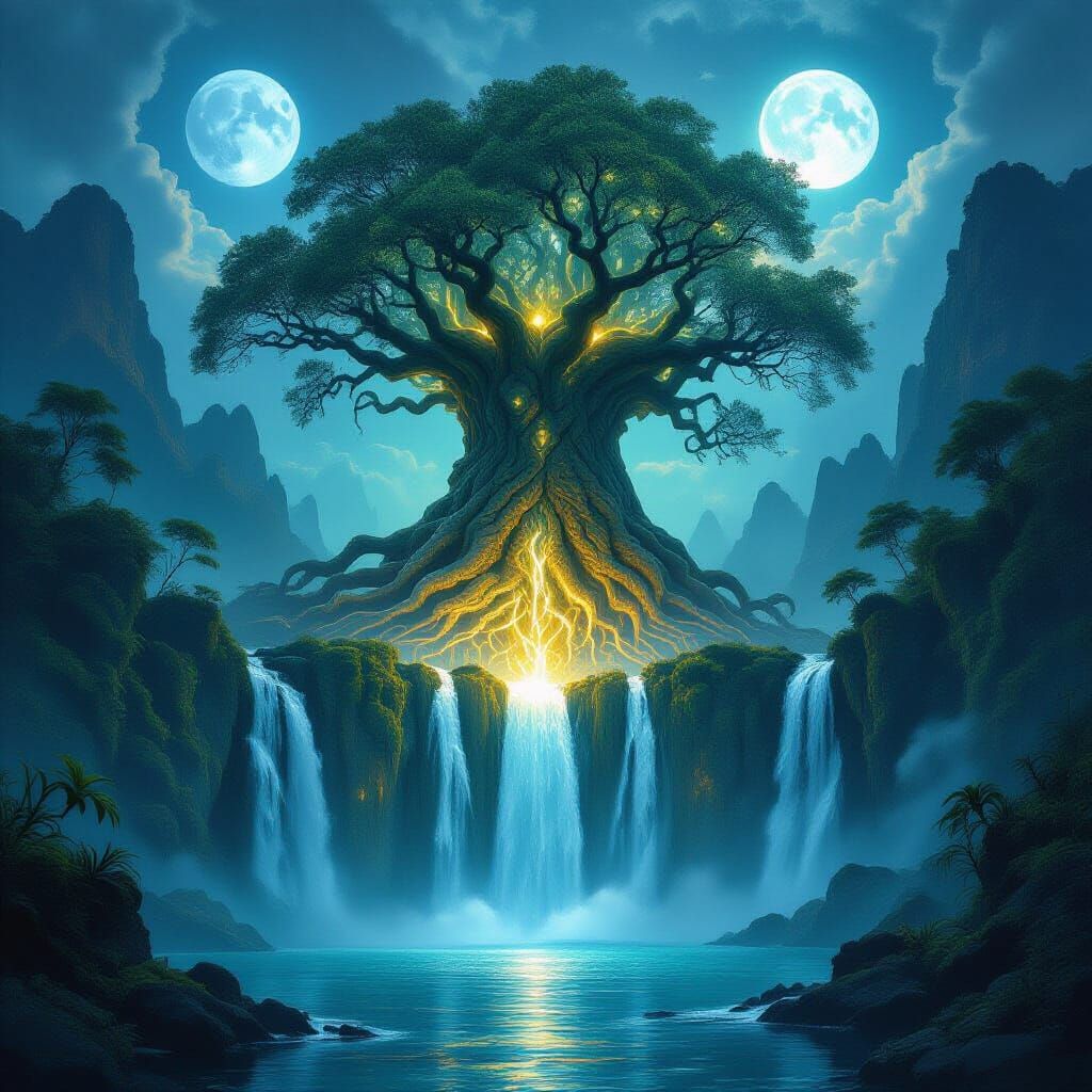 Ancient Tree With Runic Roots Beside Waterfall Under Two Moo...