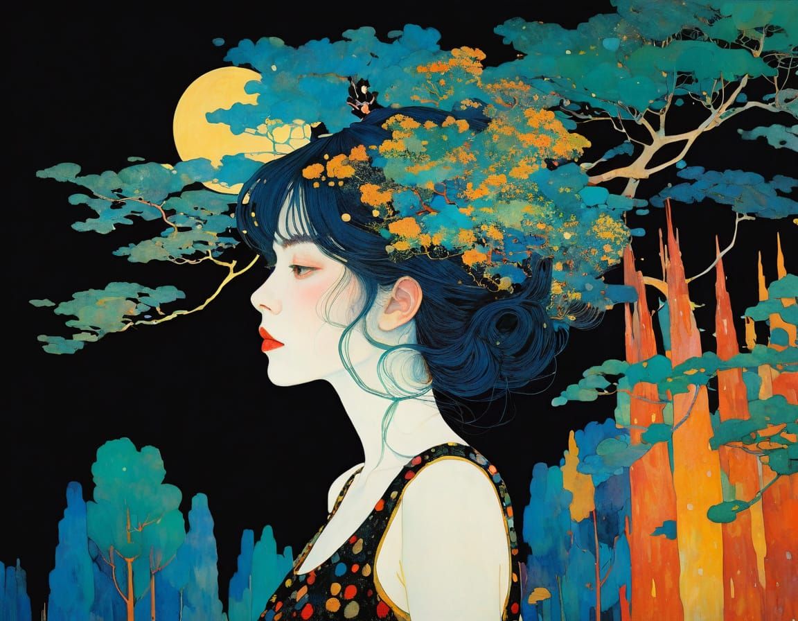 Mysterious Golden Hour Forest, Art Nouveau Style