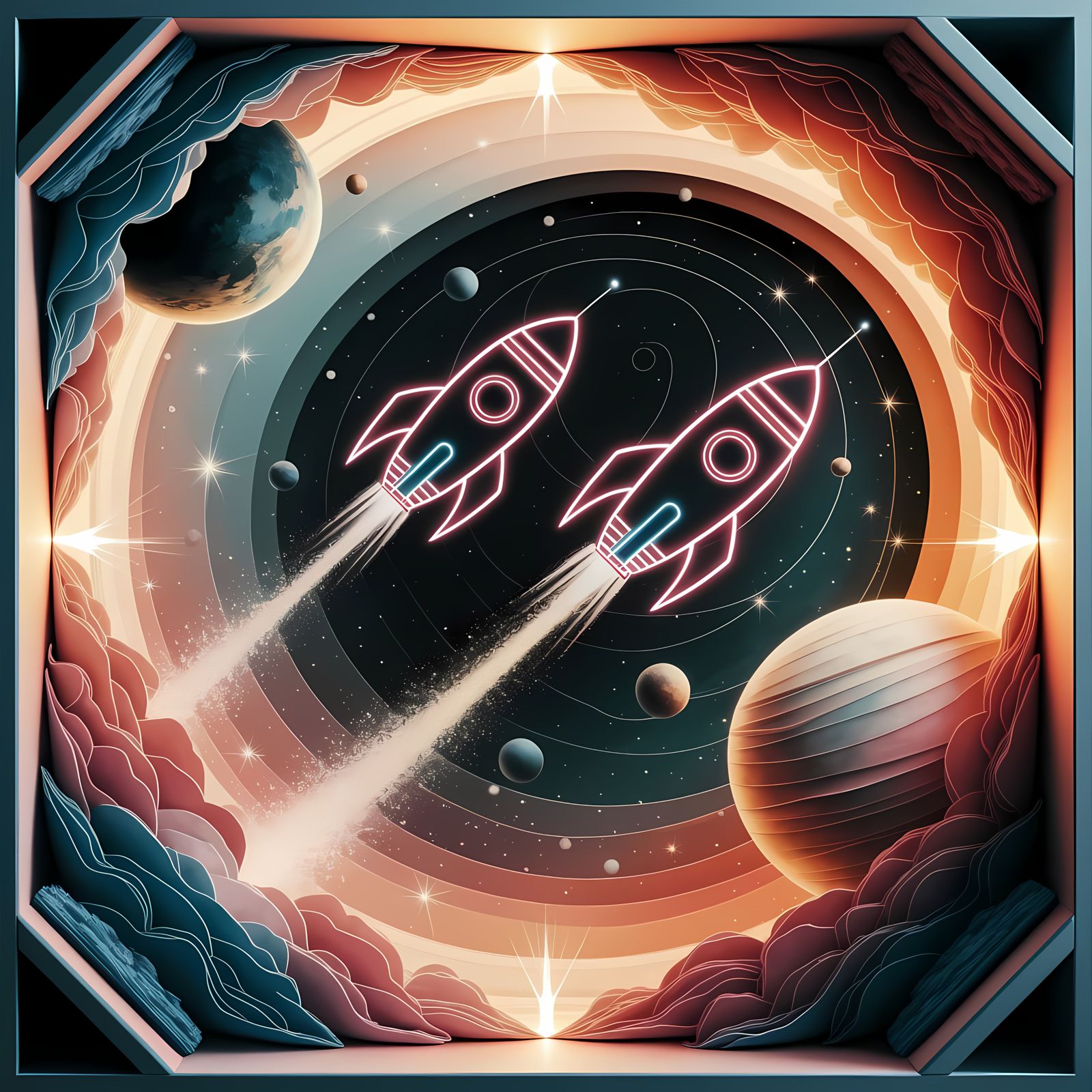 Galactic Cosmic Diorama with Whimsical Rocket Ships