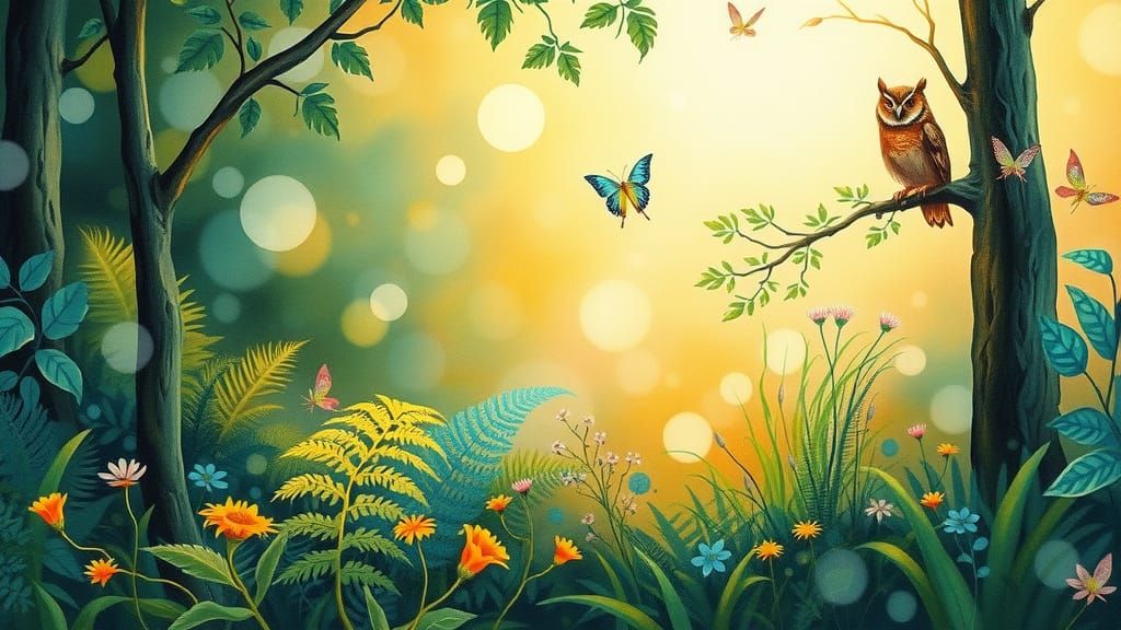 Enchanted Forest Scene in Whimsical Watercolor Style