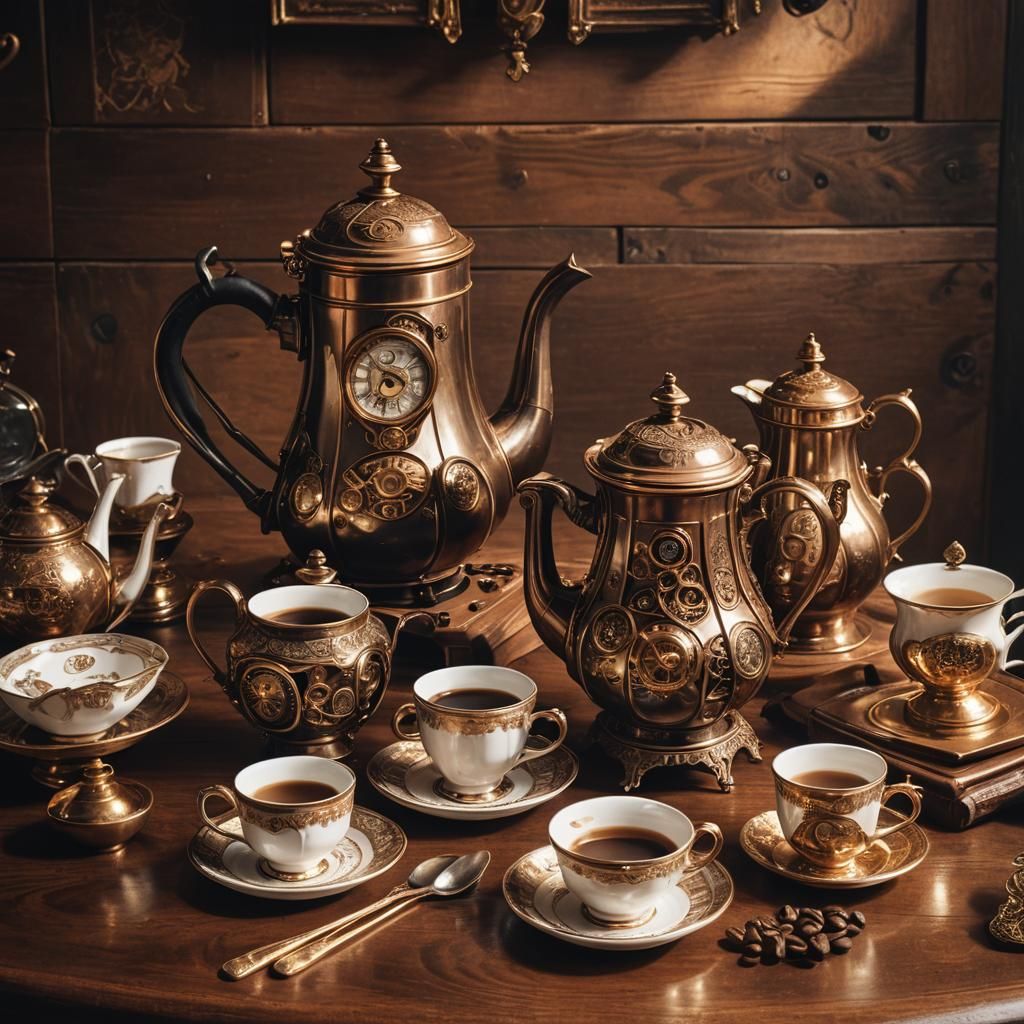 Steampunk Still Life: Coffee Pot and Victorian Era Cups
