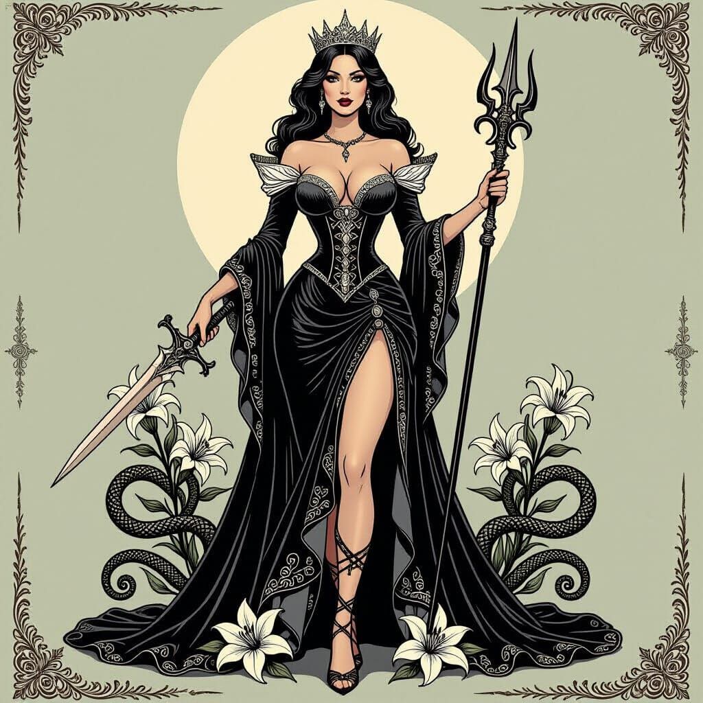 Medieval Queen on Flat Earth in Gravure Style