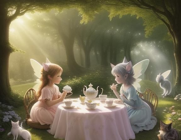 Fairies and Cats Tea Party in Ethereal Style