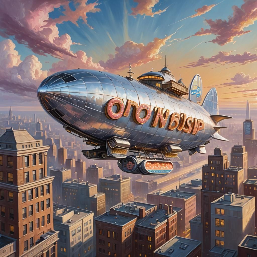 Retrofuturistic Donut Shop Airship: Vintage Oil Painting