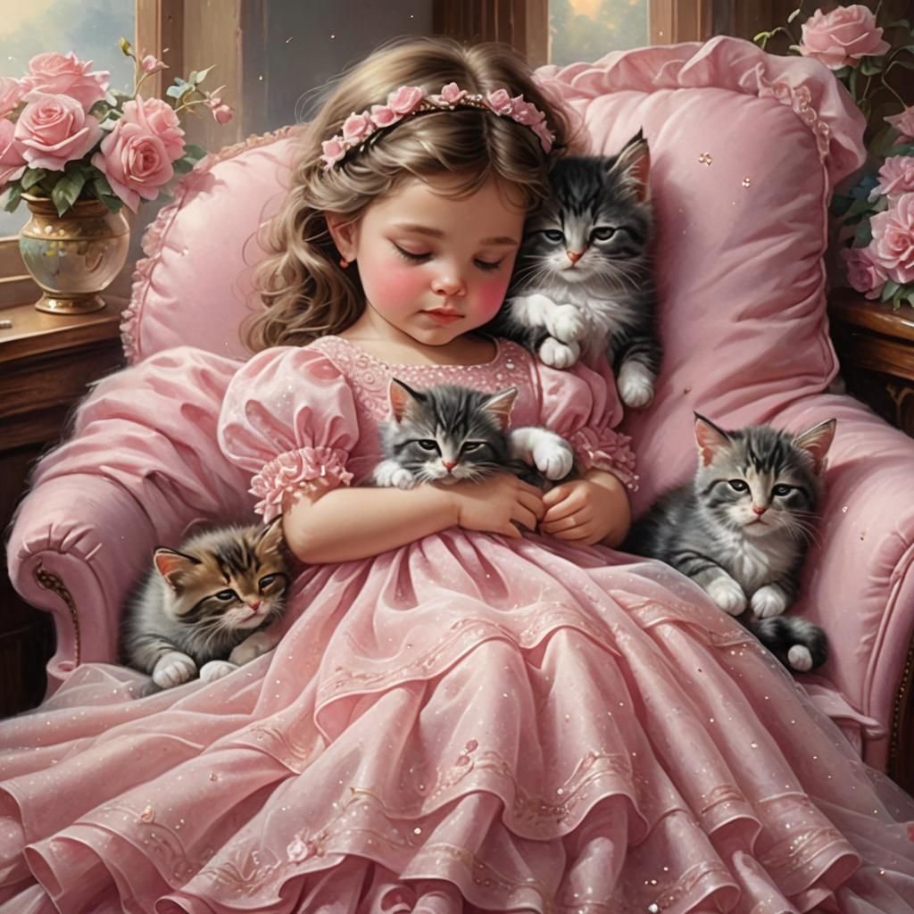 Baby Girl with Kittens in Ethereal Fantasy Style