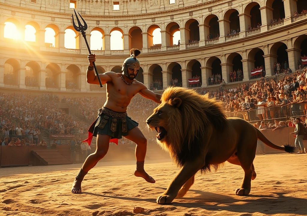 Gladiator Battles Lion in Colosseum Dawn Light