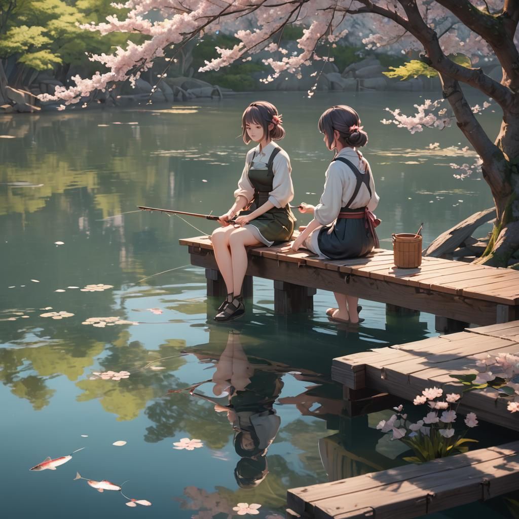 Anime Girls Fishing at Sunset in 3D Style