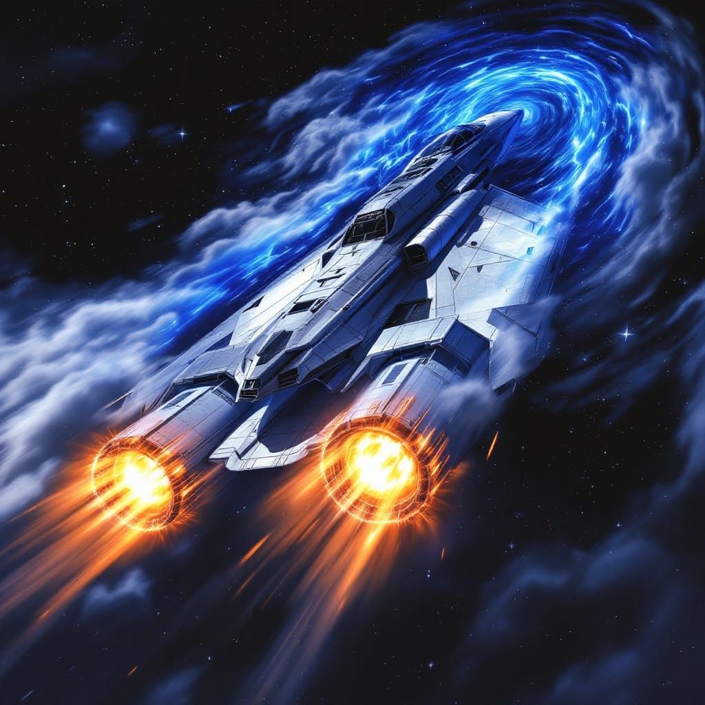 Sleek Spaceship Blazes Through Cosmic Vortex
