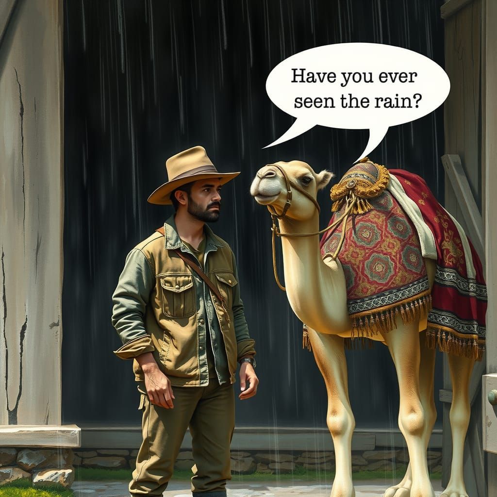 Man and Camel in Rain, Old Masters Style