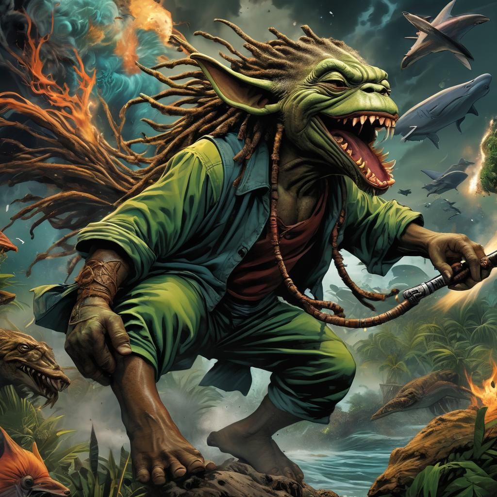 Jamaican Yoda Rides Shark in War Zone: Comic Art