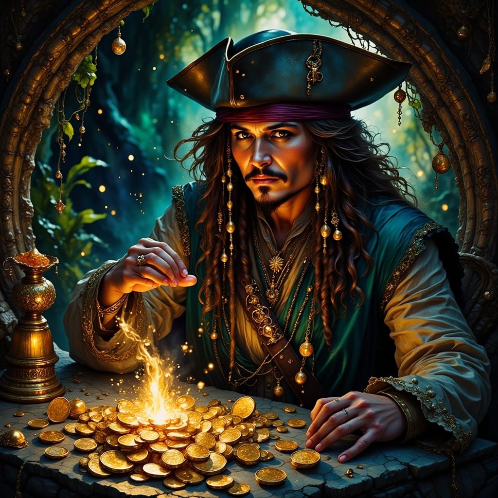 Pirate Finds Treasure in Dark Cave, Fantasy Realism